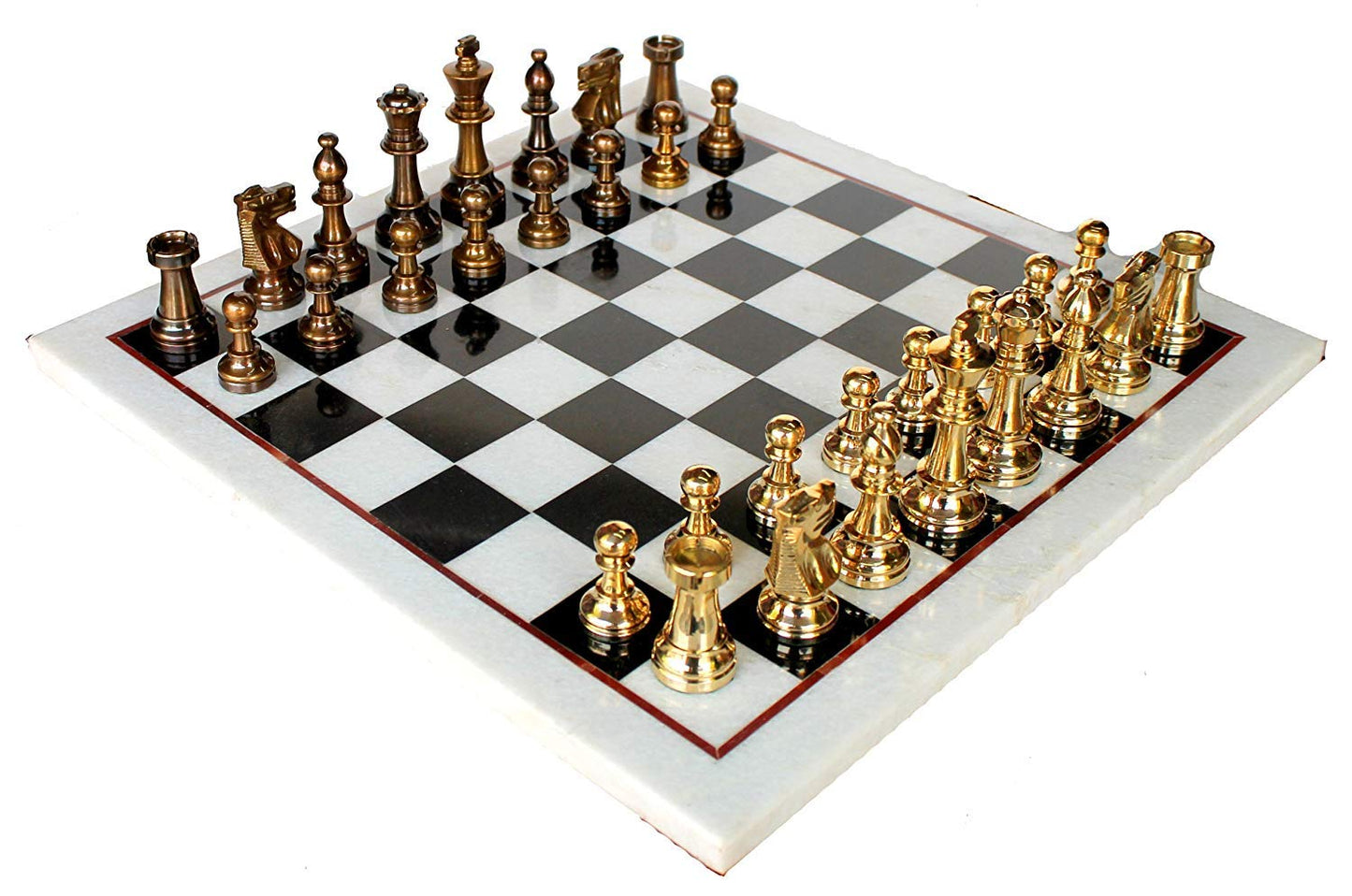 StonKraft Collectible White Natural Stone & Black Marble Chess Board + Brass Chess Pieces Pawns - Decorative Stone Chess - Home DŽcor - 15" Inches