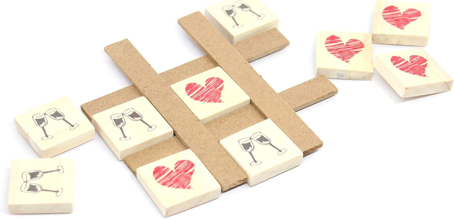 IVEI Wooden Couple Tic-Tac-Toe Fridge Magnet - Heart & Glass Print - Unique Gift for Your Loved Ones, Spouse - Anniversary-Wedding-Valentine’s Gift - Hand Made Noughts and Crosses Game Magnets