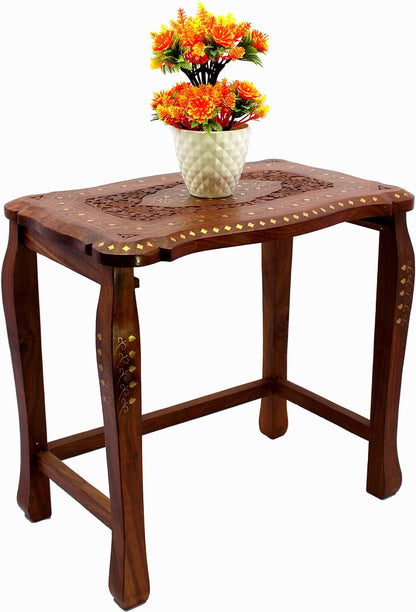 eSplanade Solid Wood Engraved Table Set Coffee Table for Living Room Drawing Room Dining Room - Set of 4 - Brown - 16.5" x 17.5" x 11.5"