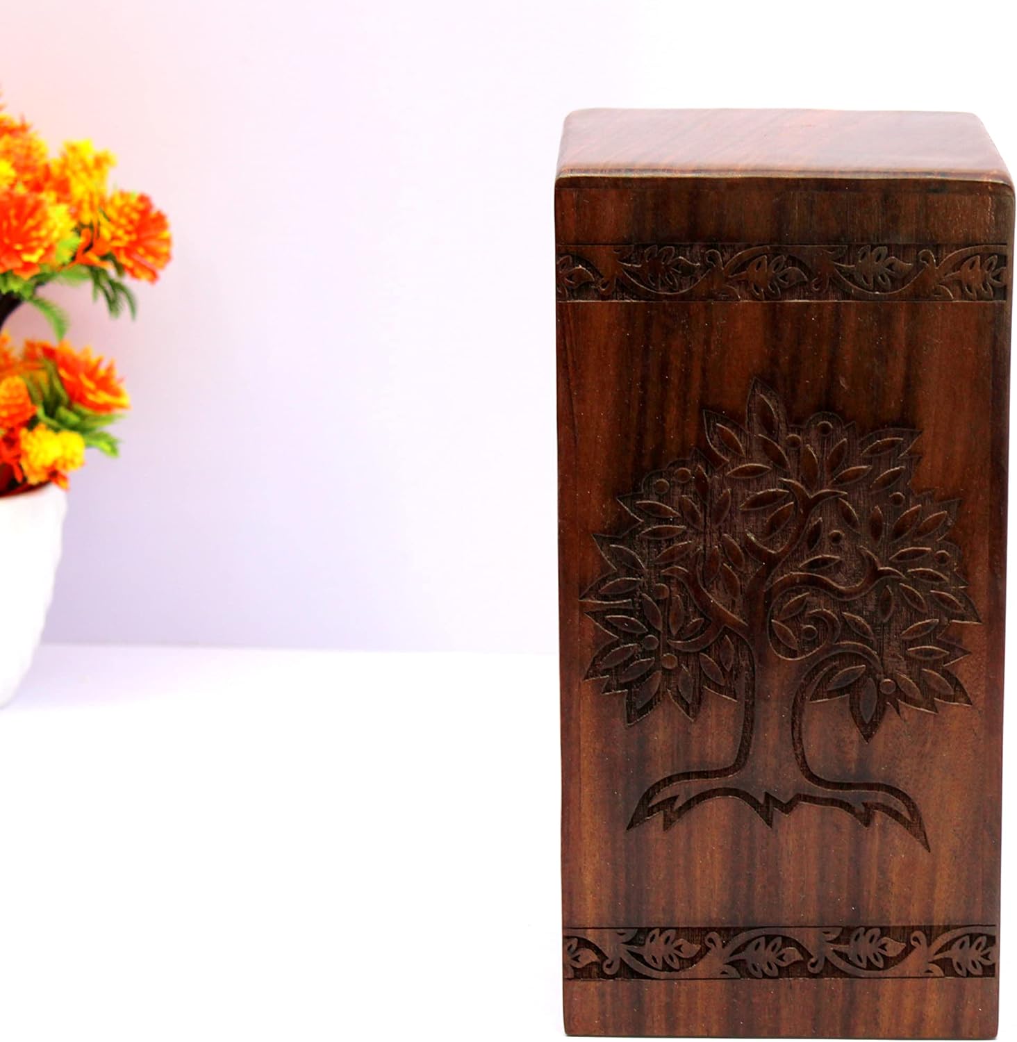 eSplanade Wooden Cremation Urn Memorial Jar Pot Container | Full Size Urn for Funeral Ashes Burial | Tree of Life Engraved Wooden Urn | Beige & Brown- 10" Inches
