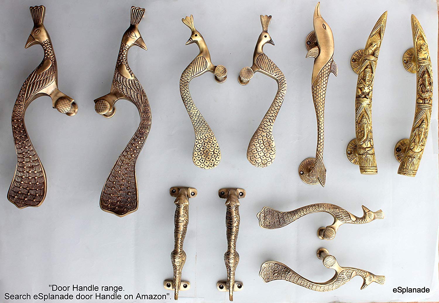 eSplanade - Designer Peacock Brass Door Handle Pair (2 pcs) | Home Decor | Door Decor | Pair of Brass Door Handles | Pair of Brass Door Pulls