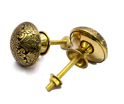 eSplanade Brass Engraved Door Knobs Cupboard Pulls Knobs Drawer Handles Almirah Hooks - Set of 2 - Black-Golden Leaf Design (‚Äö?Ñ?©Black-Golden Leaf)