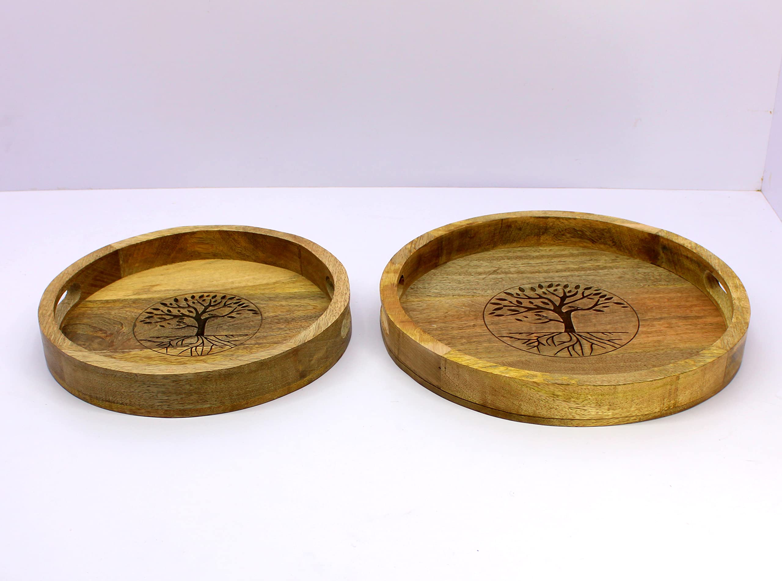 KLEO Wooden Engraved Round Shape Serving Trays - Set of 2 - Serveware Tableware - Brown - 14" Inches Dia.