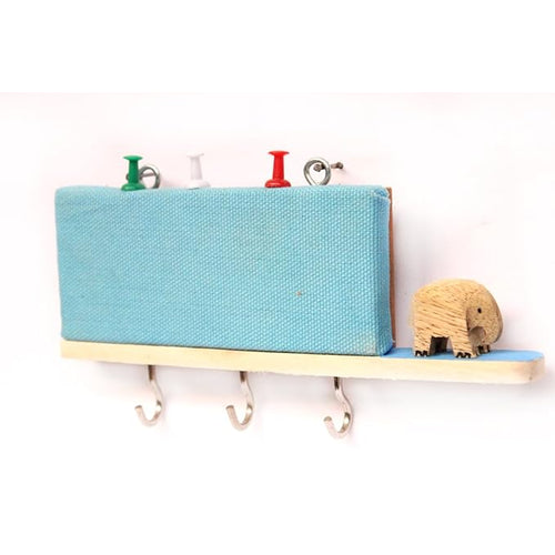 ESPLANADE Key Holder with Mini Pinboard - Stylish Wooden Key Holder with Pin-up Board - Key Organizer Wall Hooks - for Wall, Home Office Decor with Handcrafted Elephant - Blue