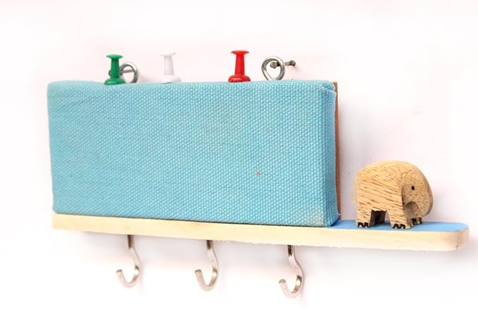 ESPLANADE Key Holder with Mini Pinboard - Stylish Wooden Key Holder with Pin-up Board - Key Organizer Wall Hooks - for Wall, Home Office Decor with Handcrafted Elephant - Blue