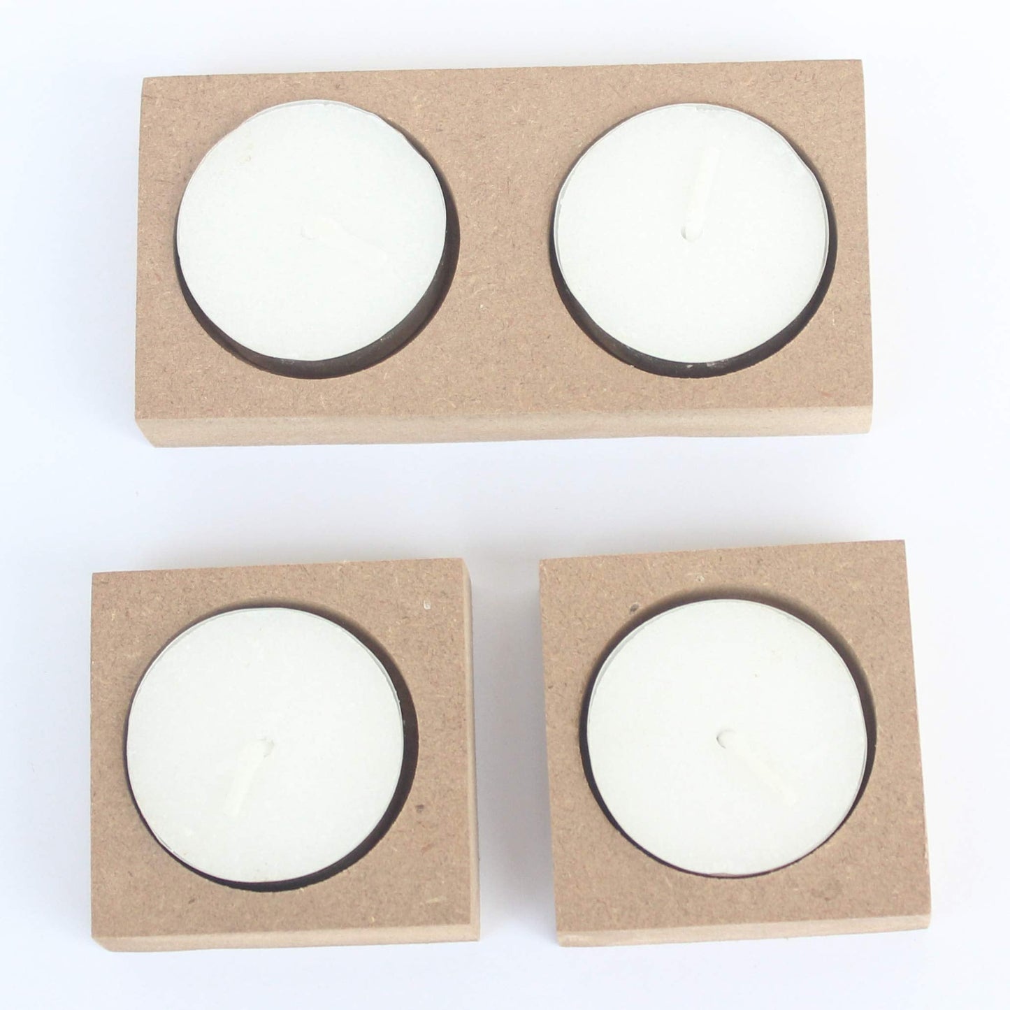 IVEI Wooden MDF DIY Tea Light Candle Holder with Candles - Set of 3(1 Double & 2 Single) - Plain MDF Wooden Candle Holders Blank for Painting Wood Sheet Craft, Decoupage, Resin Art Work & Decoration