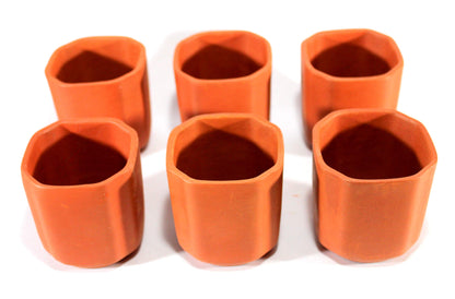 KLEO Clay Glasses Reusable Kullad (Set of 6) - Terracotta Glasses Tea Coffee Cups Drinkware Kullad (Octagonal Shape)