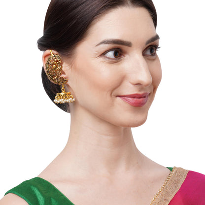 Binnis wardrobe Dual-Toned textured long jhumka with hanging pearl handcrafted earrings