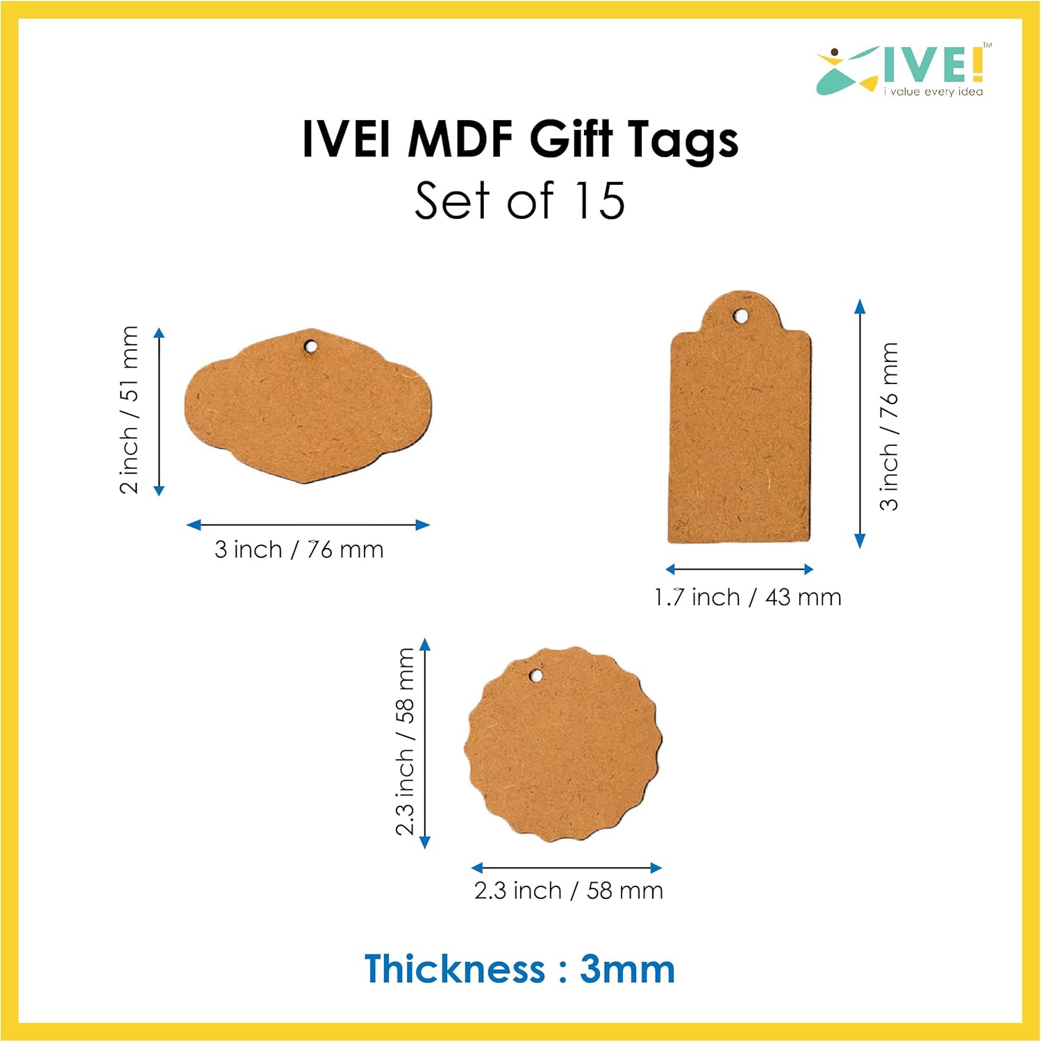 IVEI MDF Gift Tag/Message Tag Cutouts - DIY Craft Materials - MDF Blank Cutouts for Painting - Wooden Hanging Tags for Party Favor, Wedding Decoration, Art and Craft Activities - Set of 15