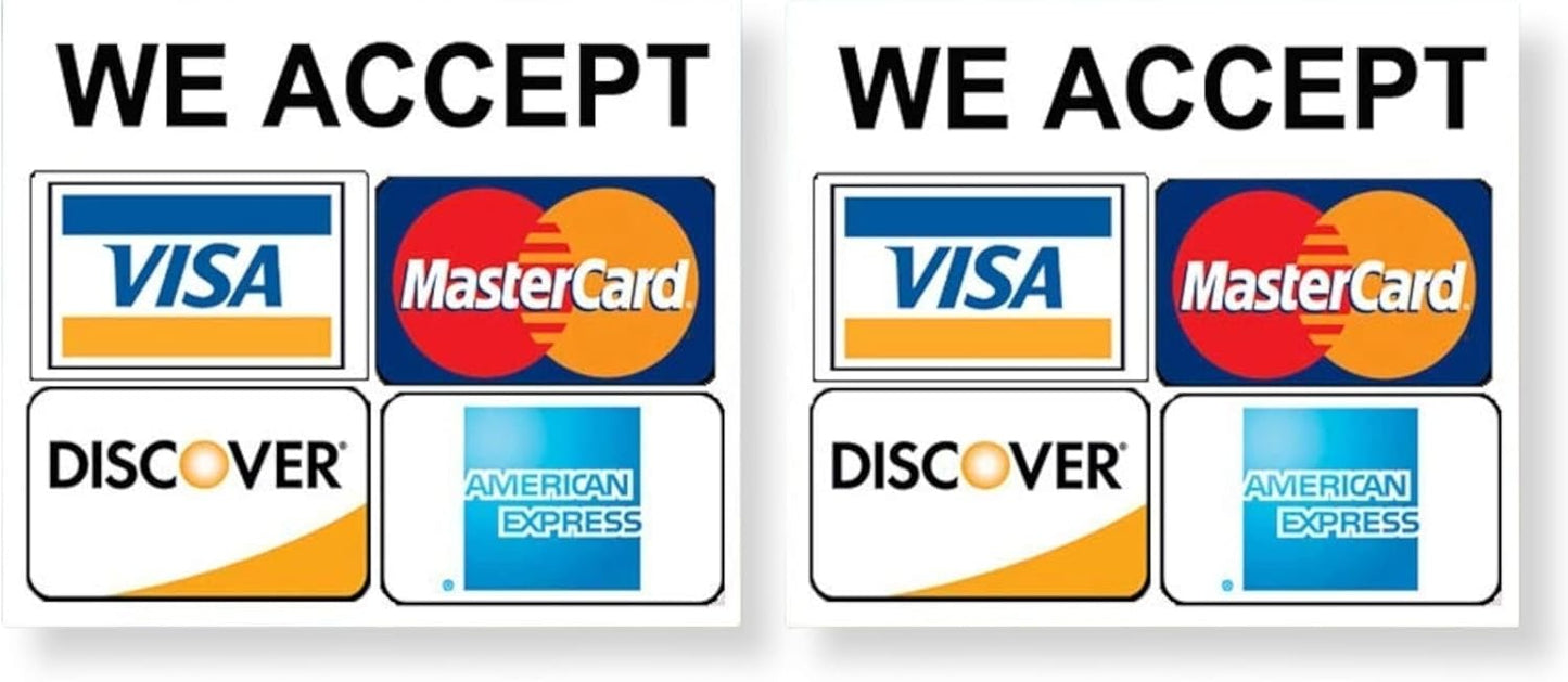 eSplanade Credit Card Vinyl Sticker Decal - 2 PACK - We Accept - Visa, MasterCard, Amex and Discover - 3.5" x 3.5" Vinyl Decal for Window - Shop, Cafe, Office, Restaurant