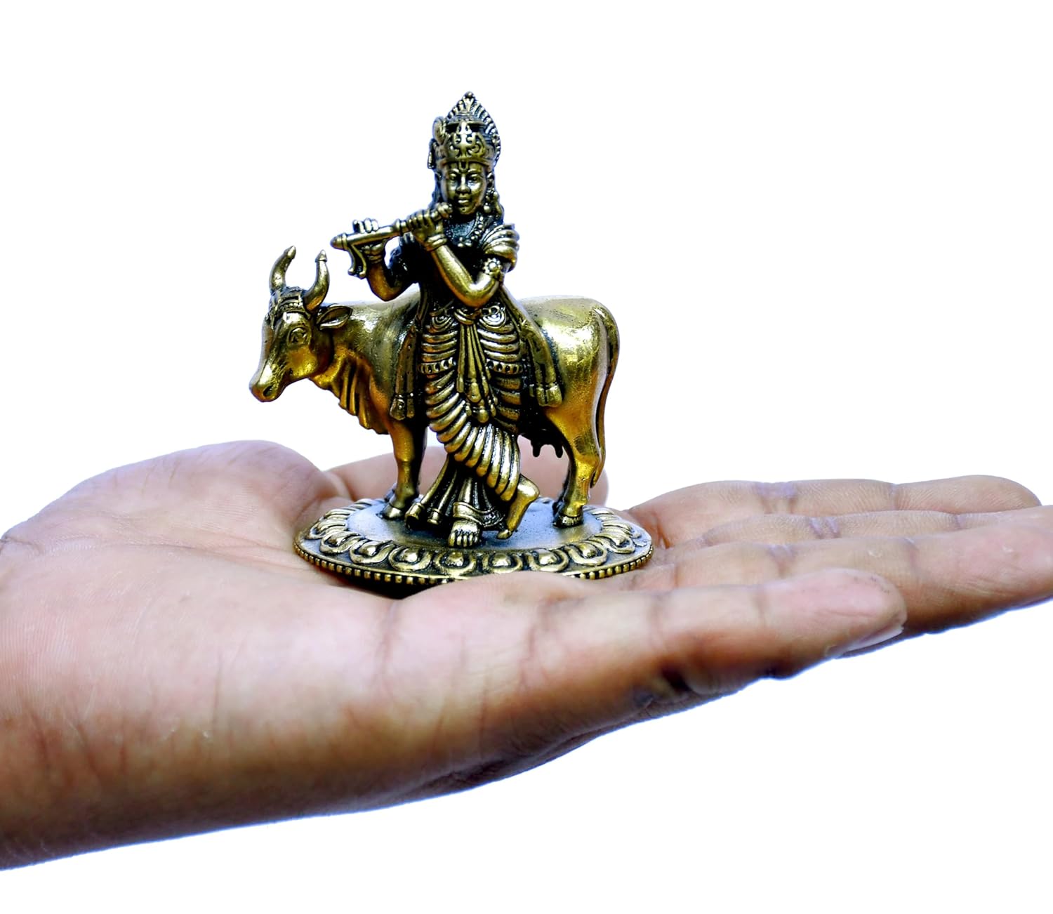 ESPLANADE Brass Krishna Statue, Krishan with Cow Murti, Kishan Krishna Idol Small, Hindu God Idols for Pooja Room, Mandir Decoration, Home Decoration Items for Living Room, Golden