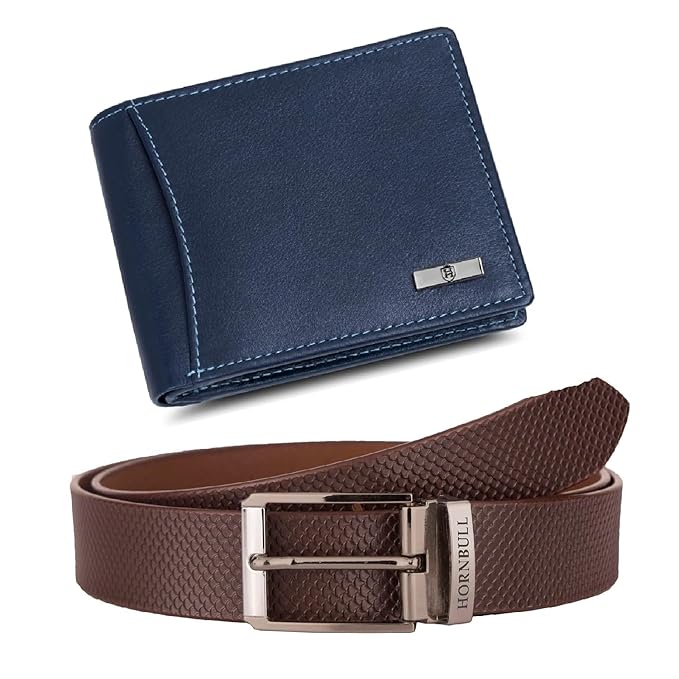 HORNBULL Gift Hamper for Men | Navy Wallet and Brown Belt Mens Combo Gift Set | Leather Wallets for Men | Men's Wallet BW69181