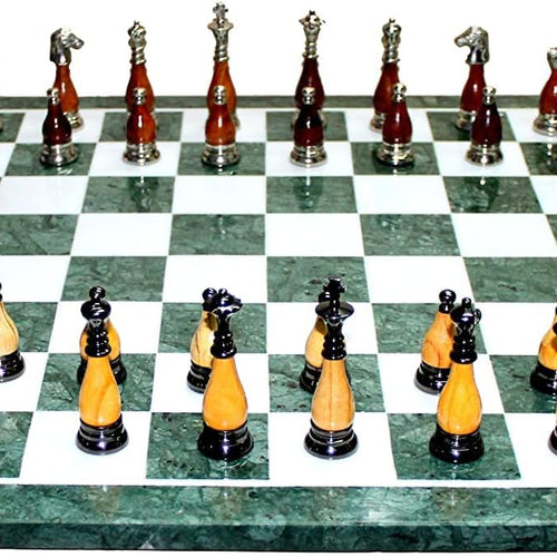 StonKraft Collectible Green Marble Chess Board Set + Brass Wooden Combo Pieces Pawns - Decorative Stone Chess - Home Decor