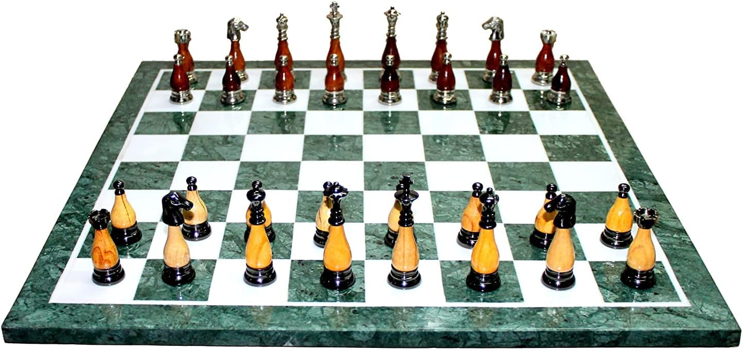 StonKraft Collectible Green Marble Chess Board Set + Brass Wooden Combo Pieces Pawns - Decorative Stone Chess - Home Decor