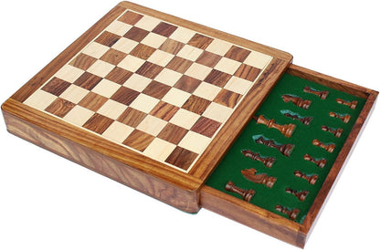 Wooden Chess Board Game Set with Magnetic Pieces (12" x 12" Non-Folding with Drawer)