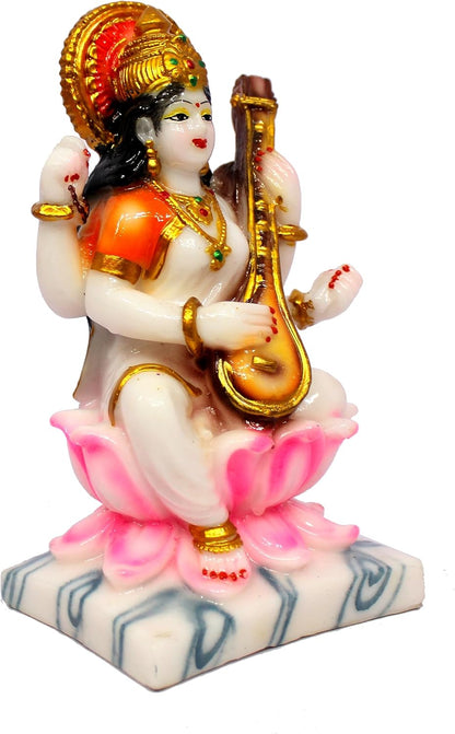 eSplanade Saraswati on Lotus | Saraswati Goddess Murti Idol Statue Sculpture Figurine | Resin - Multi - 7" Inches