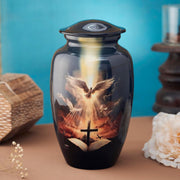 Esplanade Metal Urn for Ashes Adult Male Female – 10" Cremation Urn for Human Ashes, Full Size Large Urn, Doves and Holy Cross, Funeral Vase with Velvet Bag - for 80kg Adult