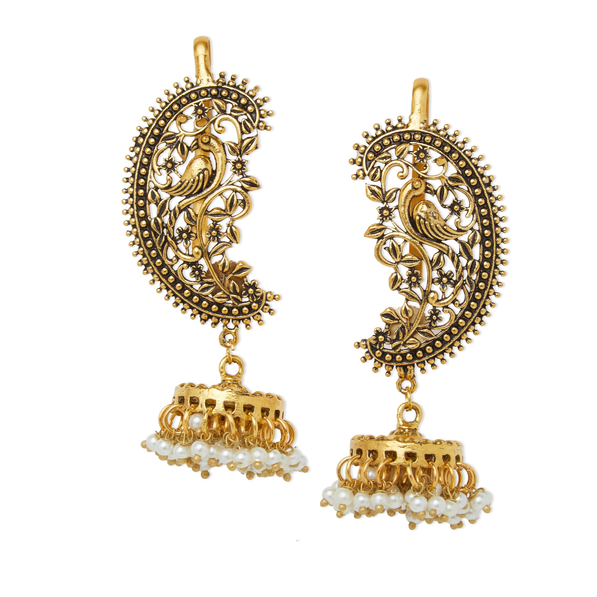 Binnis wardrobe Dual-Toned textured long Jhumka with hanging pearl handcrafted earrings