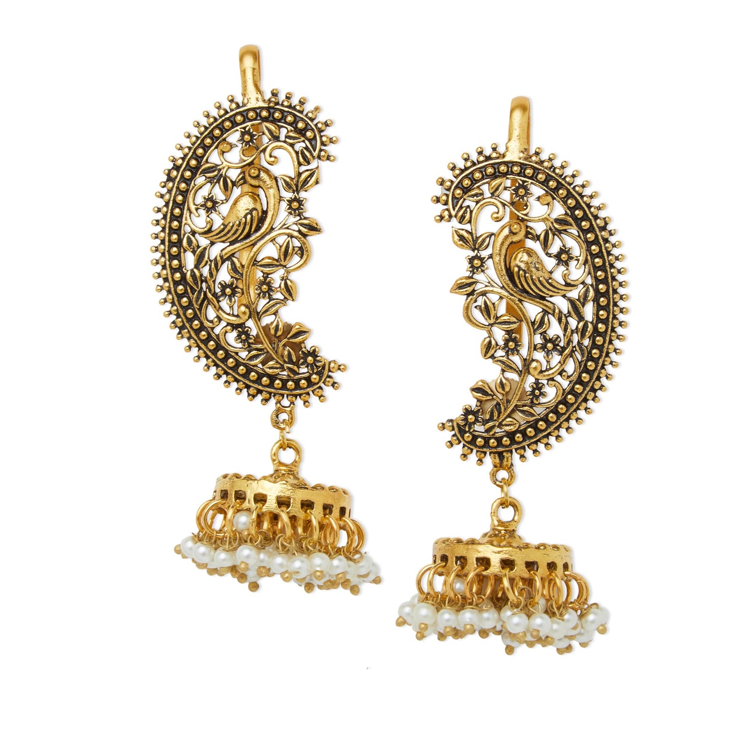 Binnis wardrobe Dual-Toned textured long jhumka with hanging pearl handcrafted earrings