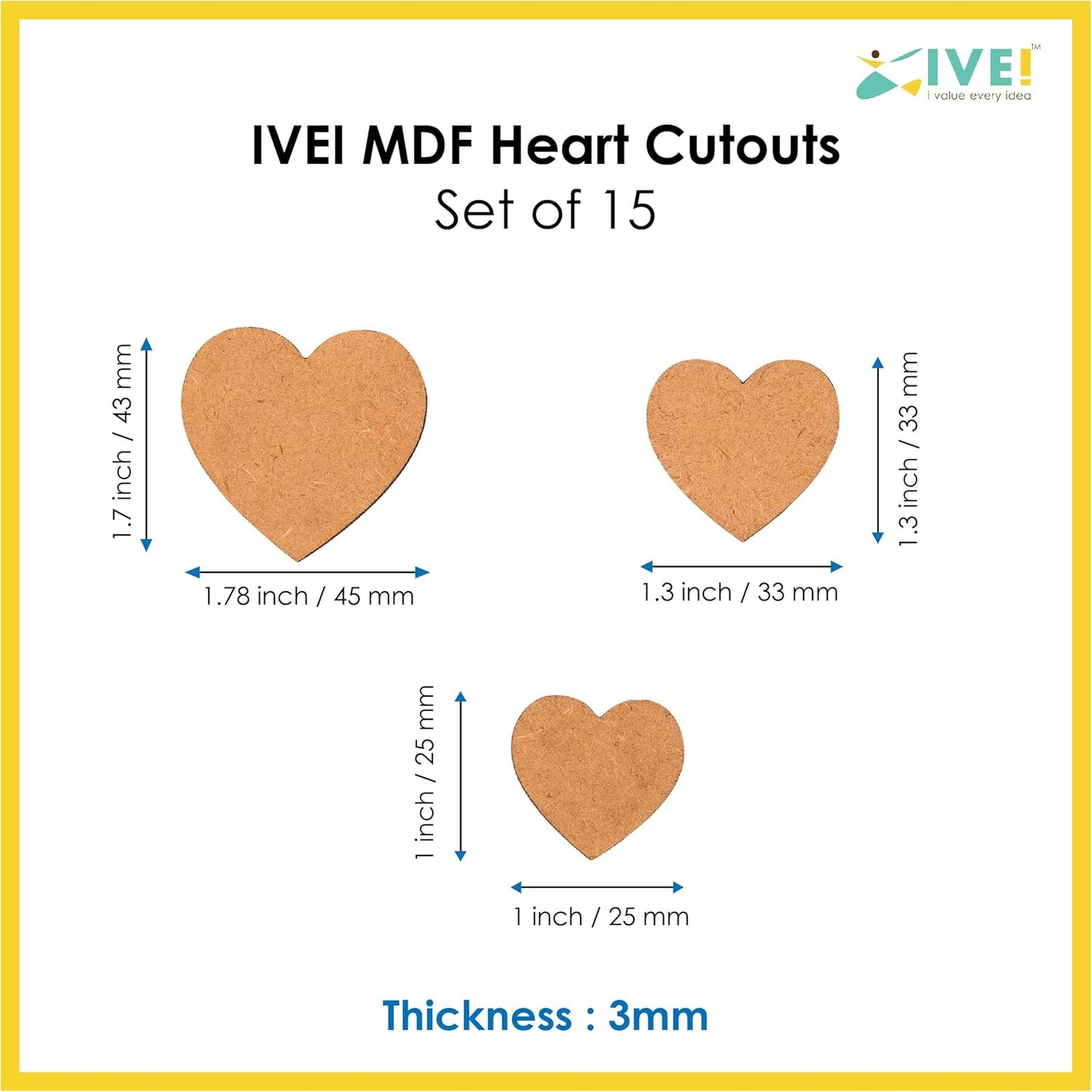 IVEI MDF Heart Cutouts/Embellishment - DIY Craft Materials - Heart-shaped MDF Blank Cutouts for Painting, Wooden Sheet Craft Board for Resin & Fluid Art, Decoupage, Mandala Art, Pyrography - Set of 15