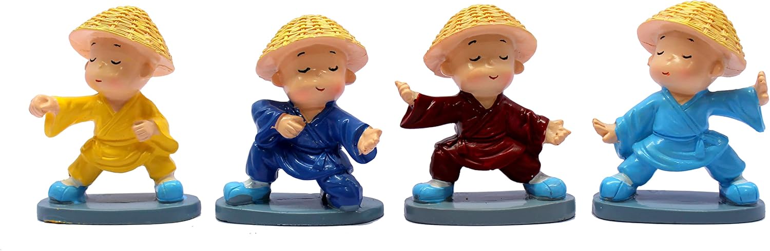 eSplanade Resin Baby Buddha Monk Statues - Set of 4 | Feng Shui Monk Figurine Showpieces | Home DŽcor - Car Dashboard | Multicolour - 2" Inches (Small)