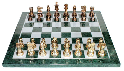 StonKraft Collectible Green Marble Chess Board Set + Brass Crafted Pieces Pawns - Decorative Stone Chess - Home DŽcor - 20" Inches