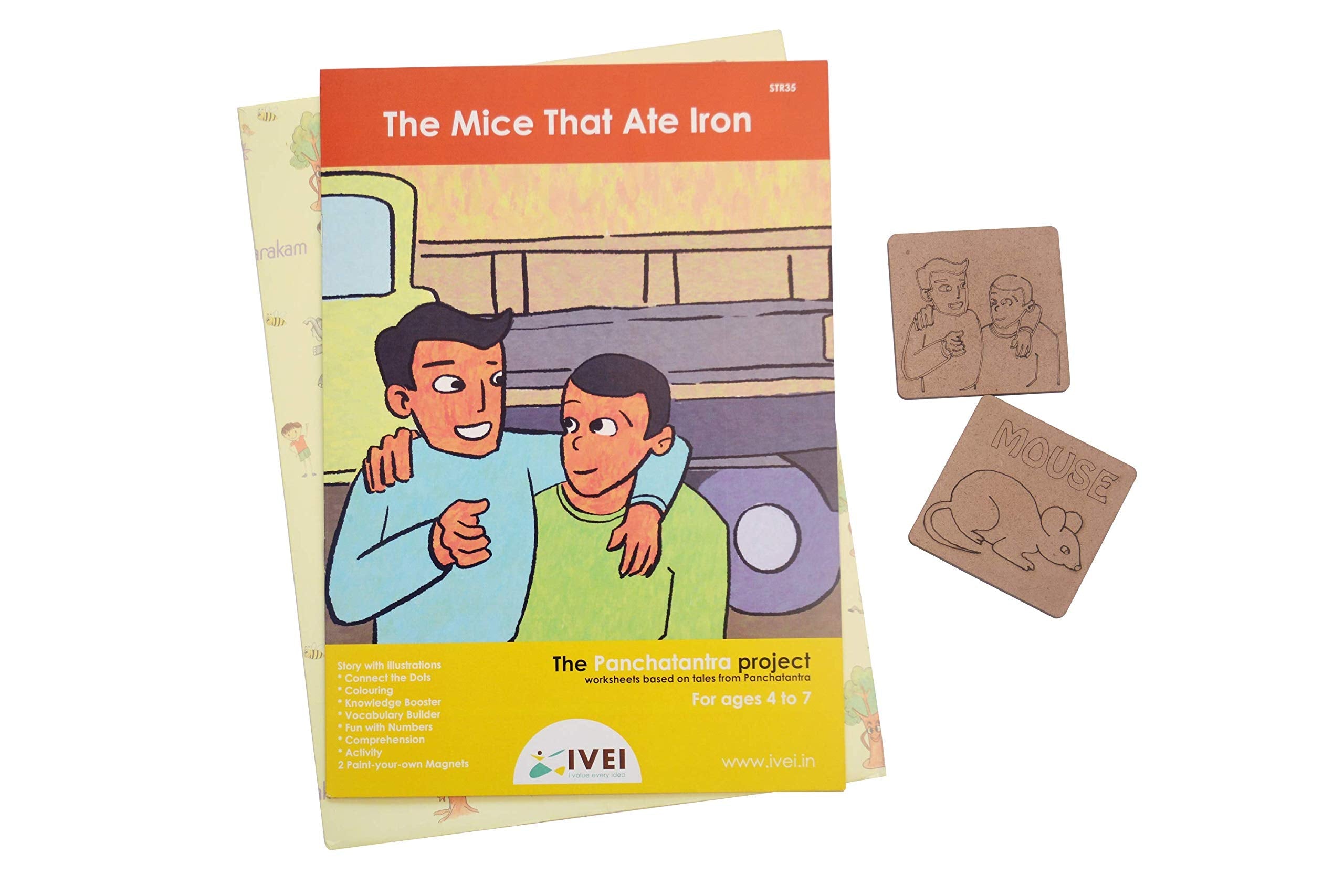IVEI Panchatantra Story Kids Learning Book - Workbook and 2 DIY Magnets - Colouring Activity Worksheets - Creative Fun Activity and Education for Kids - The Mice That ate Iron (Age 4 to 7 Years)
