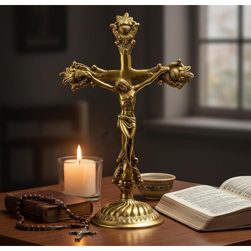 eSplanade Brass Christian Cross Jesus Christ Statue in Antique Finish (11
