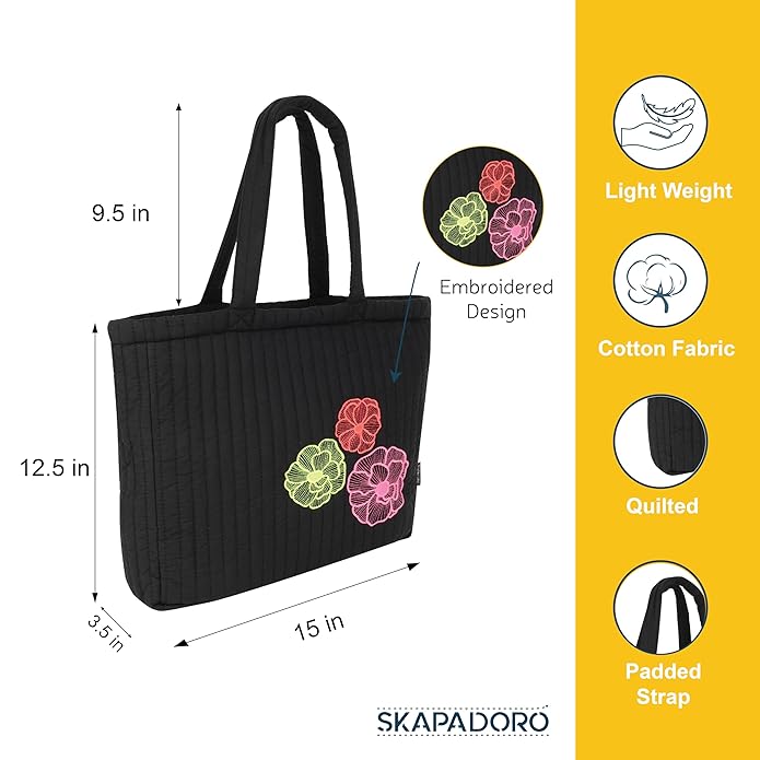SKAPADORO Quilted Cotton Tote Bag with Zip, Inner Zipper Pocket, Multipurpose Embroidered Hand Bag for Women/Girls For Shopping Travel College Gym Work, Everyday Shoulder Bag - Evil Eye; Floral
