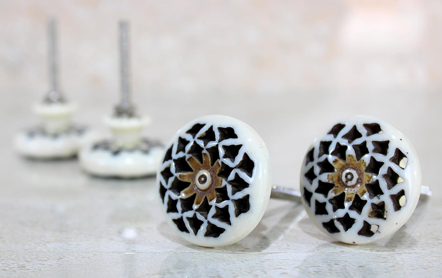eSplanade Cupboard Cabinet Door Decorative Knobs - Set of 4 | Drawer Handles Cupboard Pulls Almirah Hooks | Round-Floral - Acrylic Plastic - Diameter 4 cms - White-Black (Floral Knob 1-12)