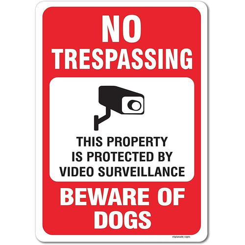 eSplanade No Trespassing Sign, Video Surveillance Sign, Beware of Dog Sign Sticker Decal - Easy to Mount Weather Resistant Long Lasting Ink - (Size -10