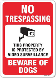eSplanade No Trespassing Sign, Video Surveillance Sign, Beware of Dog Sign Sticker Decal - Easy to Mount Weather Resistant Long Lasting Ink - (Size -10"x14")