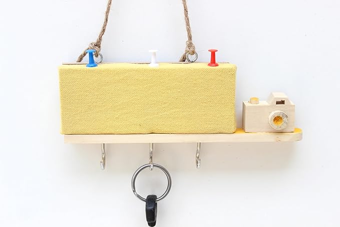 ESPLANADE Key Holder with Mini Pinboard - Stylish Wooden Key Holder with Pin-up Board - Key Organizer Wall Hooks - for Wall/Home/Office Decor with Handcrafted Camera - Yellow