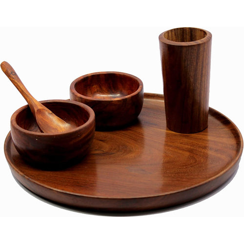 KLEO Wooden Dinner Set Decorative Plates Dinner Thali Set - Plate Glass 2 Bowls and Spoon - Wood - 12