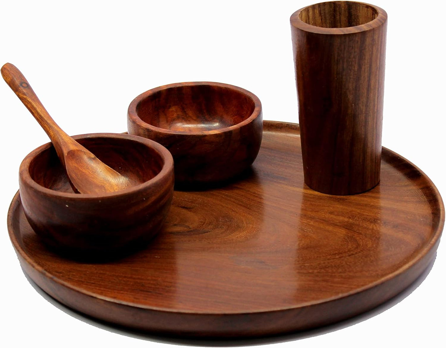 KLEO Wooden Dinner Set Decorative Plates Dinner Thali Set - Plate Glass 2 Bowls and Spoon - Wood - 12" inch Dia. - Brown