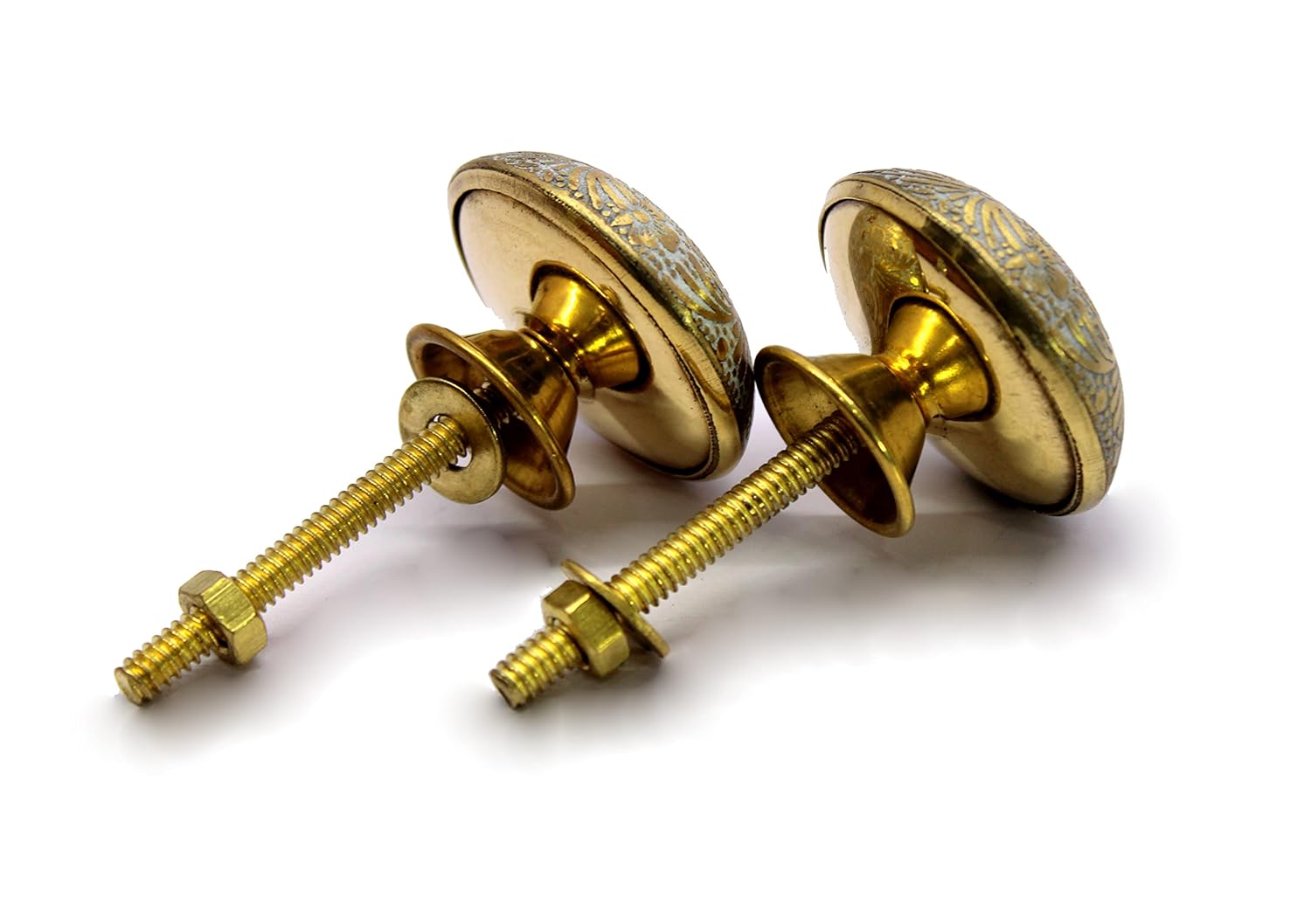 ESPLANADE Brass Engraved Door Knobs Cupboard Pulls Knobs Drawer Handles Almirah Hooks - Set of 2 - White-Golden Flower Design