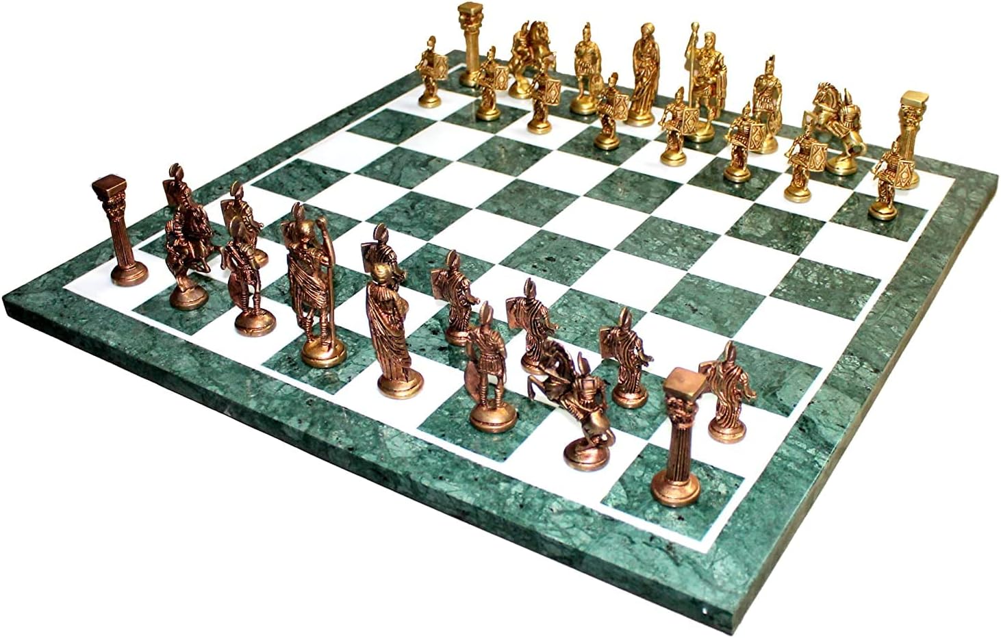 StonKraft Collectible Green Marble Chess Board Set + Brass Roman Chess Pieces Pawns - Decorative Stone Chess - Home Decor - 20" Inches