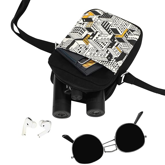 SKAPADORO Canvas Mobile Cross Body Black Sling Bag for Men & Women,100% Cotton, Zip Closure, Pocket, Adjustable Strap, Compact Everyday Bag - City (Black & White)