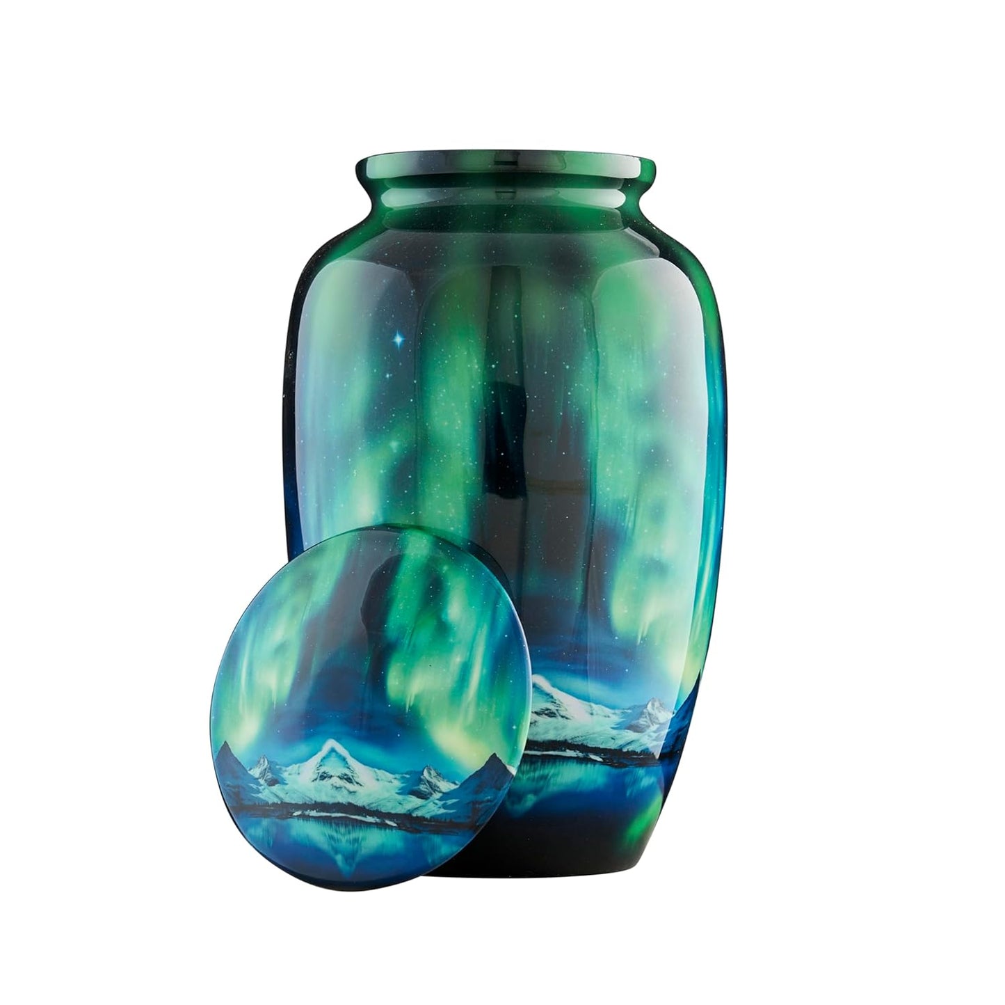 Esplanade Metal Urn for Ashes Adult Male Female – 10" Cremation Urn for Human Ashes, Full Size Large Urn, Aurora Northern Lights Mountains Blue Colour, Funeral Vase with Velvet Bag - for 80kg Adult