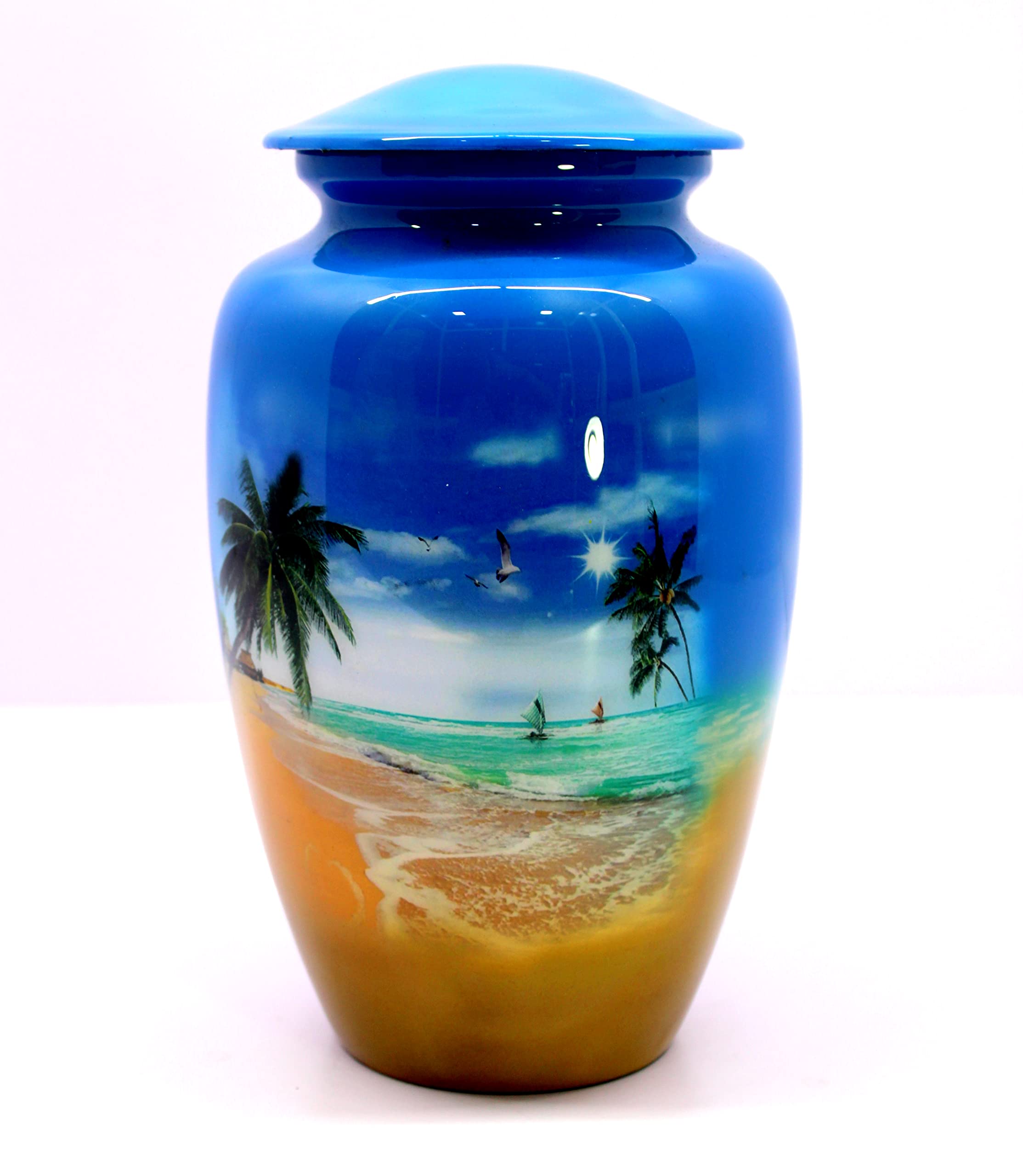 eSplanade Metal Cremation Urn Memorial Jar Pot Container | Full Size Urn for Funeral Ashes Burial | Sea Beach Printed Urn | Multicolor - 10" Inches