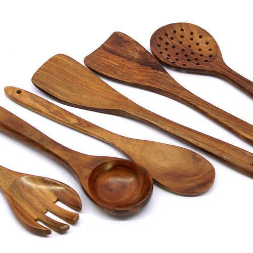 KLEO - Set of 5 Spoons - Solid Wooden Spoons & Turner Set | Serving Spoons | Salad Spoons | Ladles | Cutlery Set | Cooking Spoons