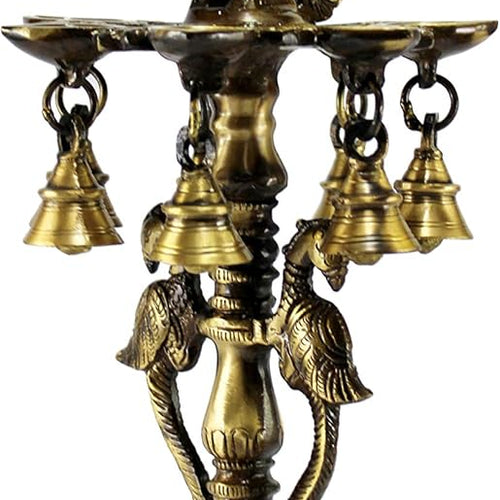 eSplanade Brass Diya Indian pooja lamp| Brass Deepak Deepam Kuthu Vilakku| with bells| (Peacock).17'' inches
