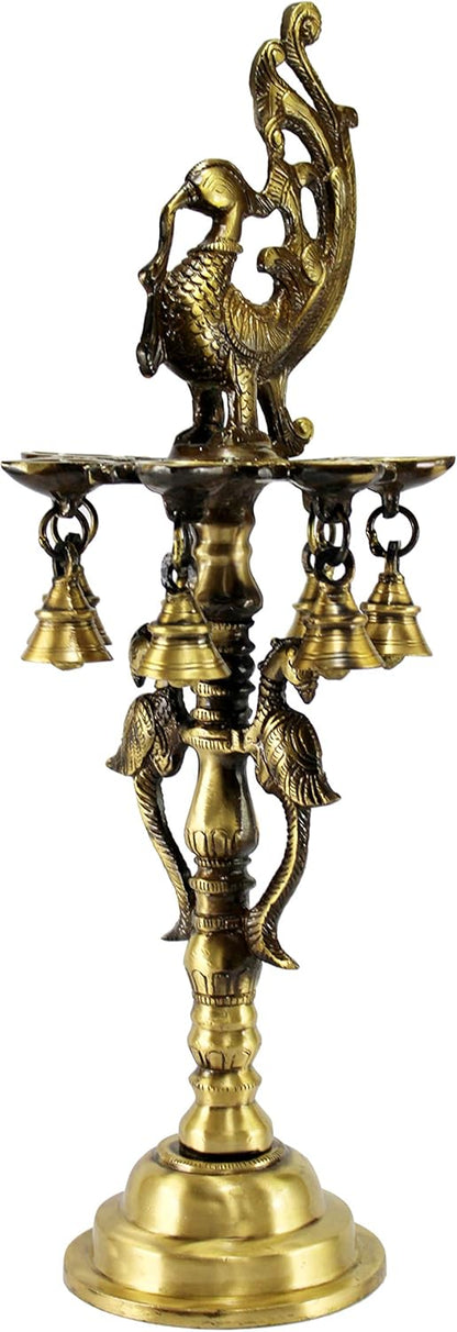 eSplanade Brass Diya Indian pooja lamp| Brass Deepak Deepam Kuthu Vilakku| with bells| (Peacock).17'' inches