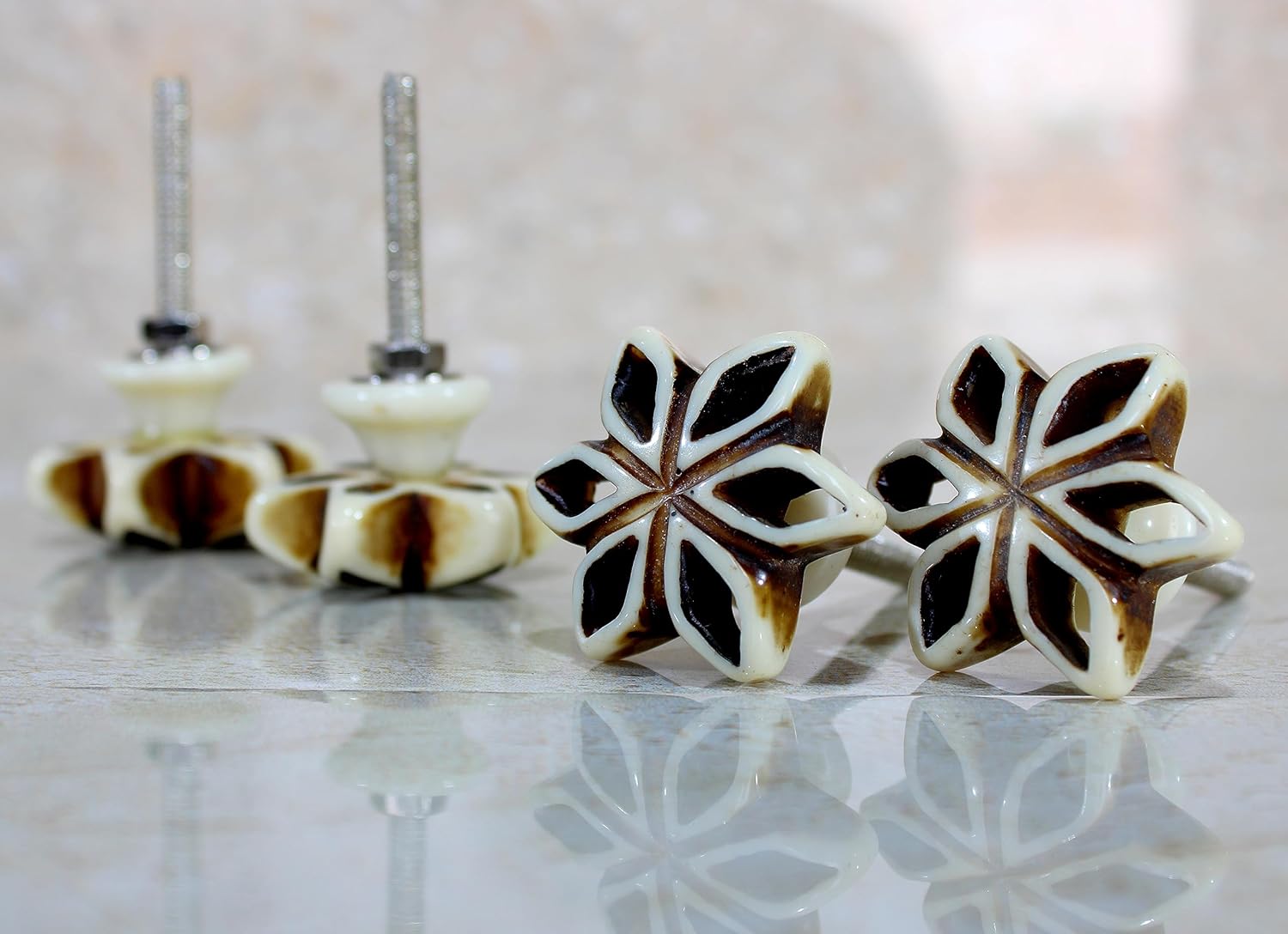 eSplanade Cupboard Cabinet Door Decorative Knobs - Set of 4 | Drawer Handles Cupboard Pulls Almirah Hooks | Round-Floral - Acrylic Plastic - Diameter 4 cms - White-Black (Floral Knob 1-12)