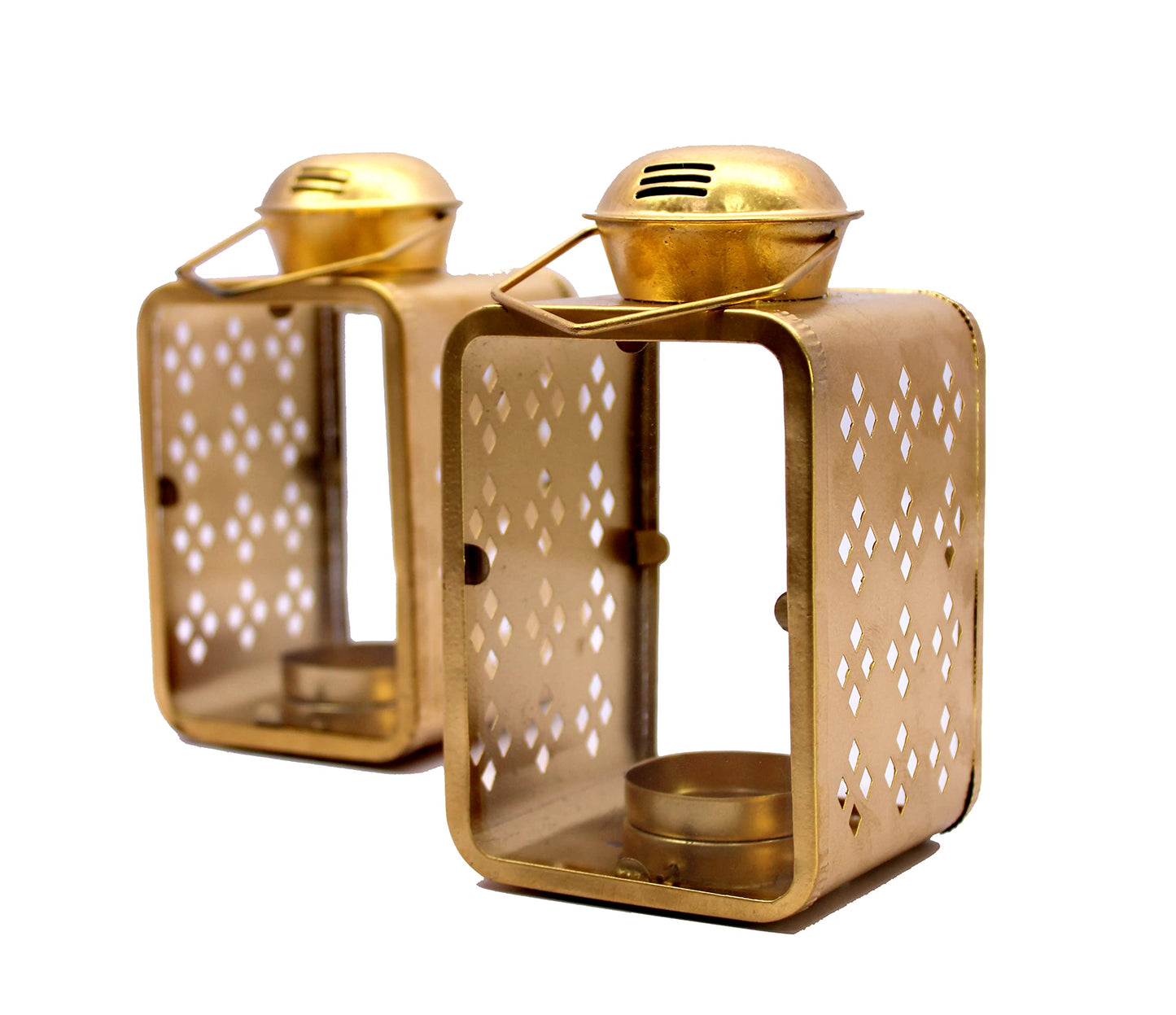 eSplanade Moroccan Lantern Metal Hanging Lamp with Glass Tealight Candle Holder - Set of 2-6" Inches - Golden (Golden)