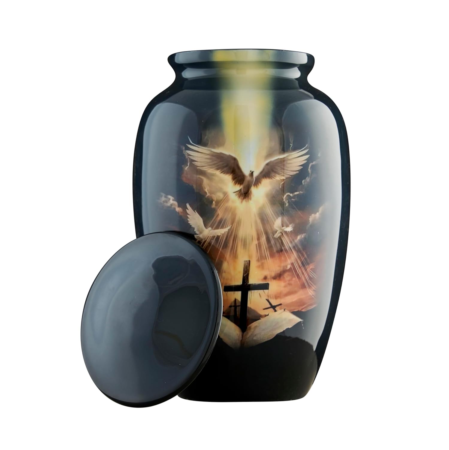 Esplanade Metal Urn for Ashes Adult Male Female – 10" Cremation Urn for Human Ashes, Full Size Large Urn, Doves and Holy Cross, Funeral Vase with Velvet Bag - for 80kg Adult