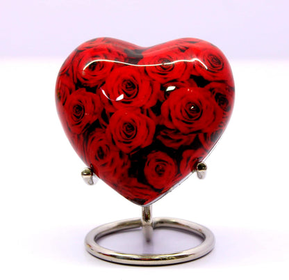 eSplanade Brass Mini Cremation Urn Heart-Shaped Keepsake Memorial Jar Pot Container | Small Urn with Stand for Funeral Ashes Burial | Red Roses Printed Keepsake | Red - 2.75" Inches