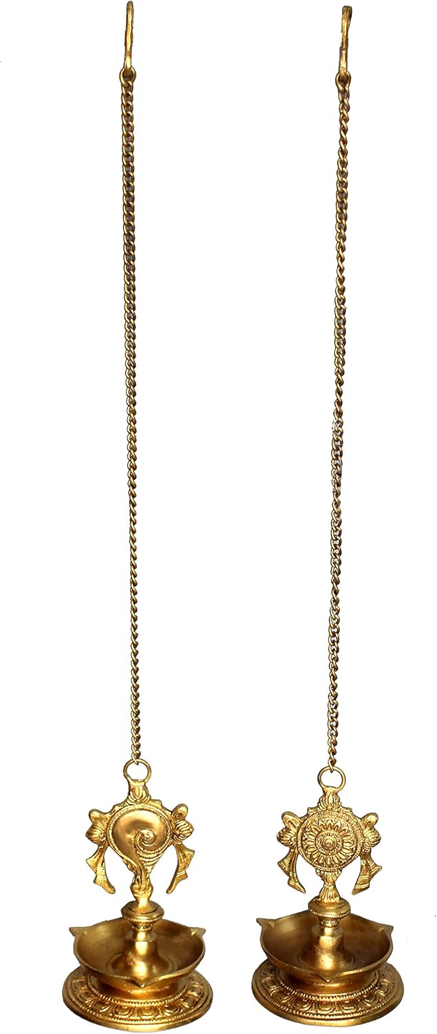 StonKraft - Pair of Brass Hanging Diya, Oil Lamp, Lamp for Home and Office (Hanging Length 25.75")