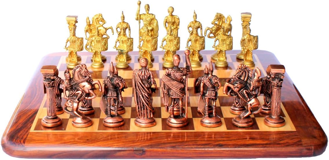 StonKraft - 15" x 15" Collectible Acacia Wood Chess Game Board Set + Brass Roman Figure Pieces