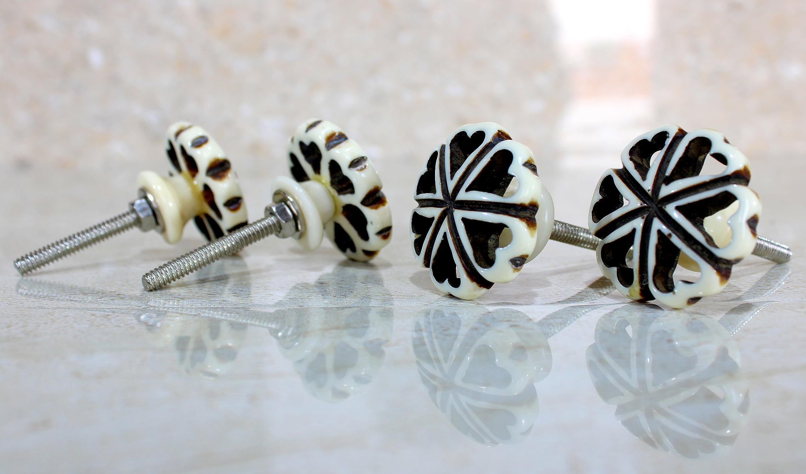 eSplanade Cupboard Cabinet Door Decorative Knobs - Set of 4 | Drawer Handles Cupboard Pulls Almirah Hooks | Round-Floral - Acrylic Plastic - Diameter 4 cms - White-Black (Floral Knob 1-12)